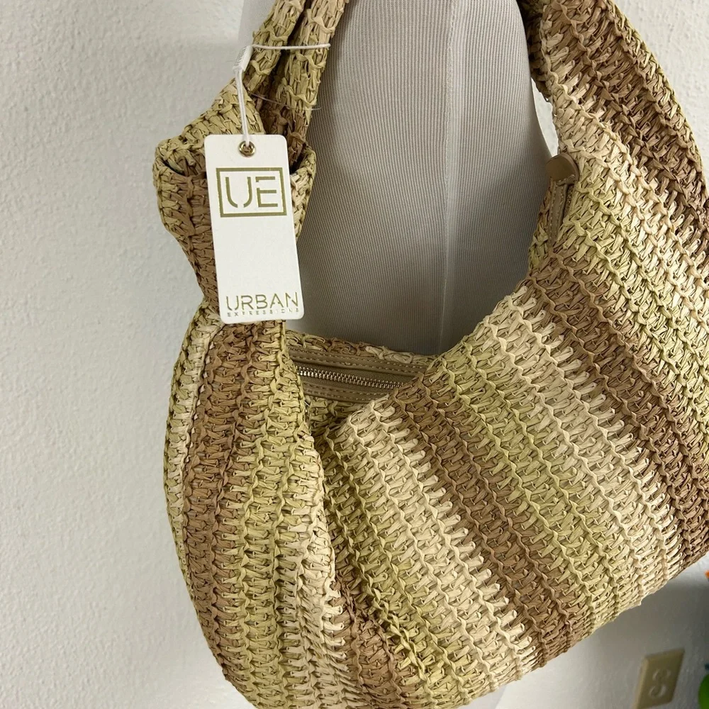 Urban Expressions Woven Slouchy Hobo‎ Bag in Beige and Brown Neutral striped NWT